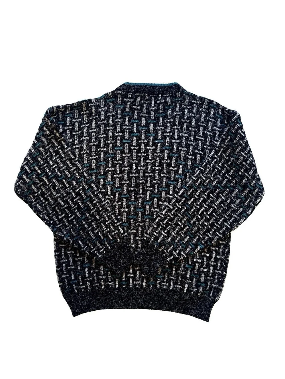 Vintage McGregor Geometric Knit Sweater XL Black Teal Gray 90s Crewneck Retro